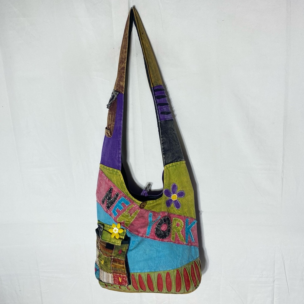 Vintage Colourful Handmade Patchwork New York Shoulder Bag Boho Festival Retro